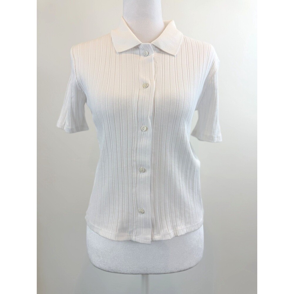 Zara Knit Ribbed Polo Top White Short Sleeve Button Front Shirt NWT Medium